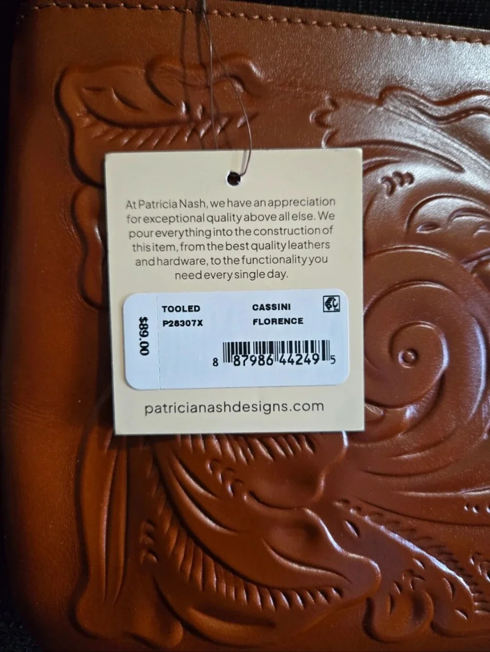 Patricia Nash Cassini Florence Tooled Leather XL Zip Pouch - Cognac NWT